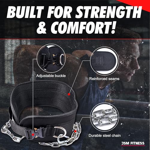 JSM FITNESS Weighted Dip Belt with Chain 240kg - Weight Belt for Pull Ups and Dips | Heavy Duty Gym Accessory with Steel Buckle & Neoprene Back Support for Weightlifting, Bodybuilding, Powerlifting