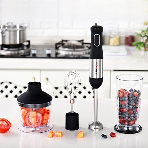 Immersion Blender LINKChef Hand Blender Stick Mixer Food Processor, Egg Whisk, Robust Stainless Steel, 3 in 1 500W 20 speeds Silver/Black (HB-2140T) – 3 Years Warranty