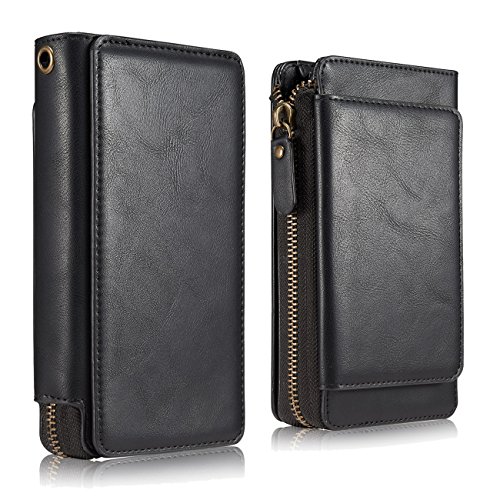 LefRight Romvable Wallet Case for iPhone 7 Plus(5.5 inch), Vintage Leather Magnetic Flip 12 Credit Card Holder Zipper Handbag Wrist Strap