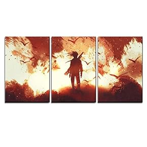 3 Piece Canvas Wall Art - Man with Gun Standing Against Fire Background,Illustration Painting - Modern Home Art Stretched and Framed Ready to Hang - 16"x24"x3 Panels