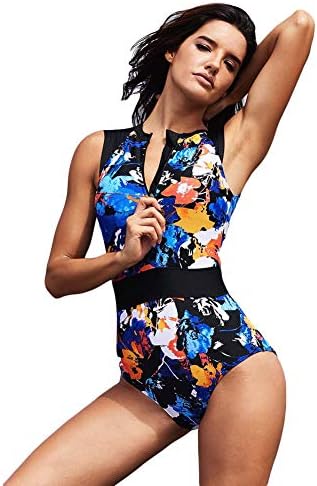 DSHT Women Zip Front Floral Print Half Sleeve One Piece Swimsuit Rash Guard Swimwear