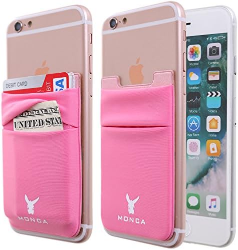Monca Credit Card [Double Secure] Holder Stick on Wallet Discreet ID Holder Lycra Spandex Card Sleeves [Lid &amp; Pocket] iPhone 6s 7 Samsung Galaxy s8 and Blu Smartphones (Pink)