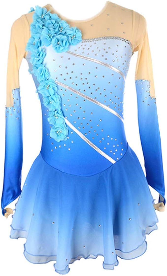 LIUHUO Blue Ice Figure Skating Dress Gradient Beaded Flowers Long