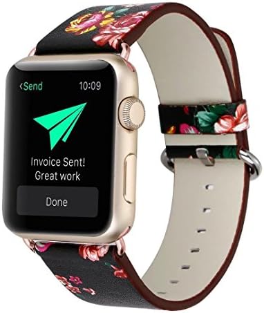 MORTREE Soft Leather Band for Apple Watch Series 3 Bands 38mm,Leather+ Flower Pastoral/Rural Style Wrist Strap With Rose Gold Adapters for Apple Watch Series 3/2/1 Men Women(Red in Black 38mm)