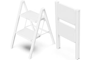 WOA WOA 2 Step Ladder, Folding Step Stool with Broad Pedals, Compact Stepping Stool, Sturdy Steel Ladders for Home with Anti-Slip Feet, Supports up to 330 lbs - White