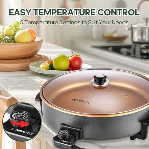 MIOAOTCE 16" Extra Large Electric Skillet with lid, Ceramic Nonstick Coating Electric Frying Pan, 1500W Quick & Even Heating, 5 Adjustable Temperature Control, Tempered Glass Lid & Cool-Touch Handles