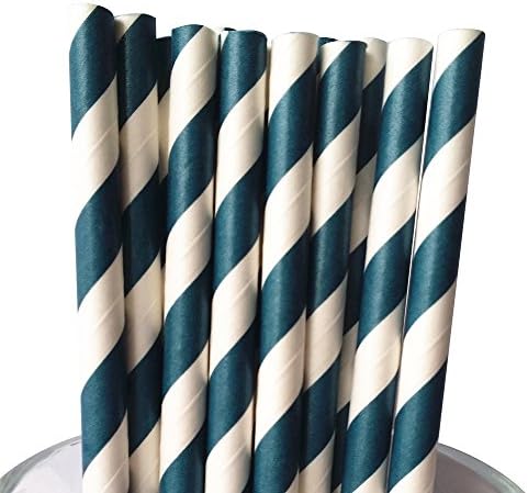 MY PAPER Biodegradable Paper Straws 7.75 Inch Decorative Striped Paper Straws 25 PACK (Navy blue)