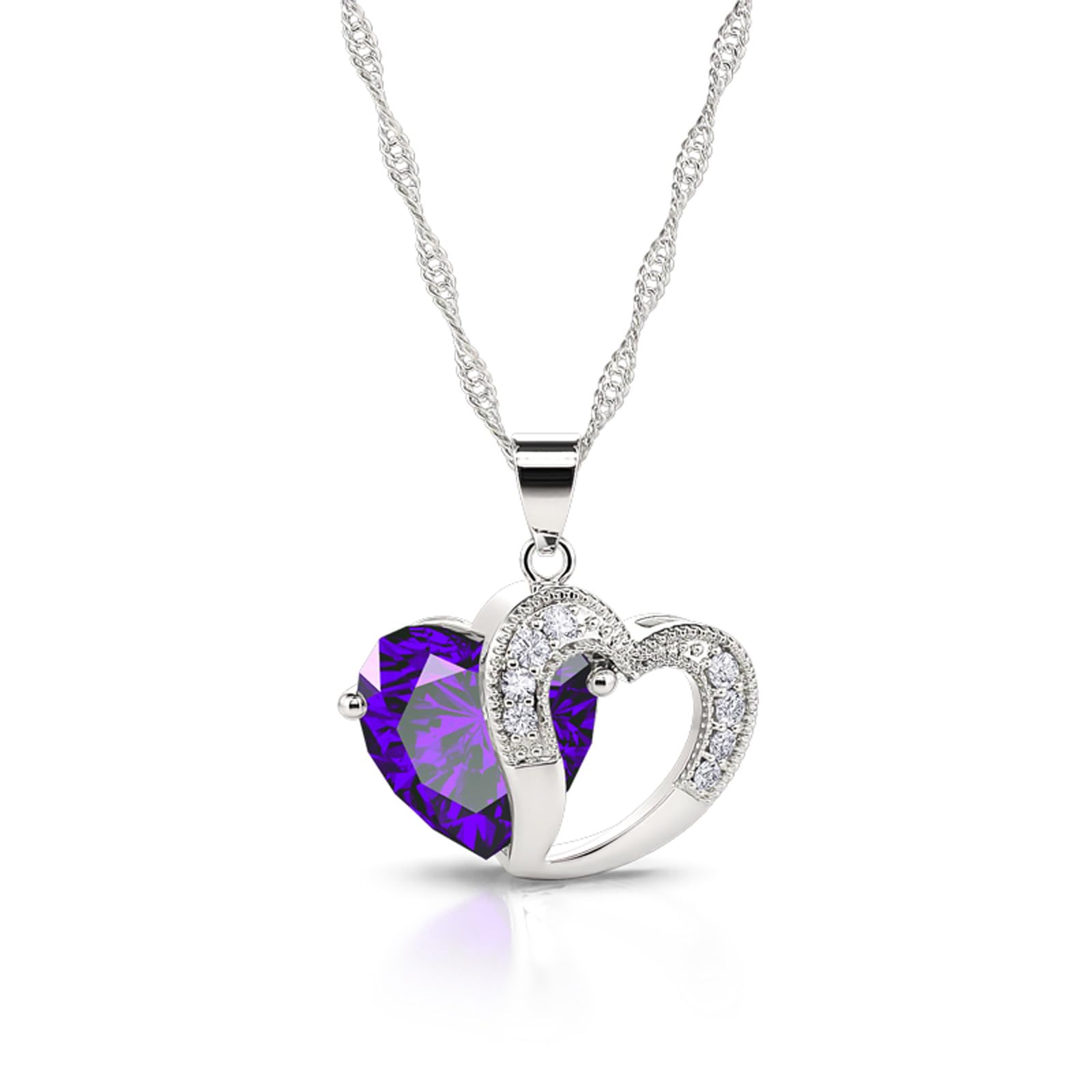 Jeulia Women Necklace 925 Silver Double Heart Pendant Amethyst Diamond Pendant with CZ Stone Romantic Jewelry Gifts for Her Mother’s Day Aniversary Promise Gift