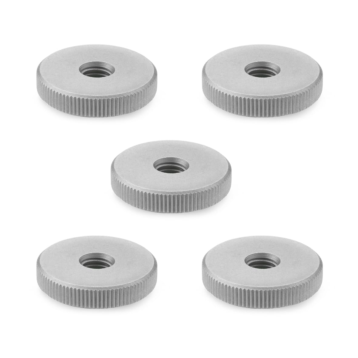 Ganter Normelemente Flat knurled nuts, knurled nuts (low shape), DIN 467-M6-NI, pack of 5, stainless steel, matt blasted, thread: M6