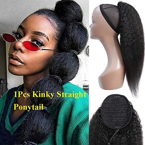 Feelgrace Natural Color Kinky Curly Ponytail Hair with Wrap Drawstring 3C Virgin and Raw Yaki Curly Ponytail Hair Drawstring Long Ponytail Hair Extension 16 Inches