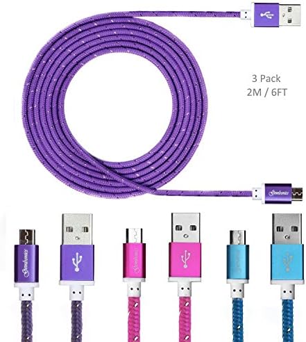 Pack of 3 Colorful Micro USB to Charging Cord Data Sync Cables by Turbold - 6 Feet (2 Meter) - (Pink/Purple/Blue)