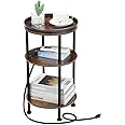 Small Round Side Table with Charging Station for Small Spaces, 3-Tier Round Accent Table with USB Ports & Power Outlets, Round Corner Table Tea Sofa Side Table for Living Room Bedroom (Rustic Brown)