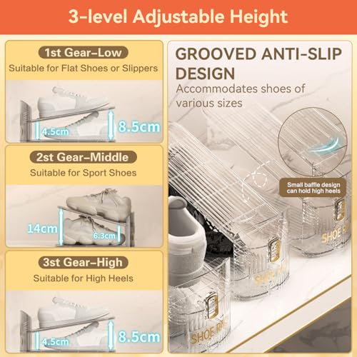 XENWA 10 Pack Shoes Organizer for Closet, Adjustable Highth Shoe Slot for Pair of Shoes, 50% Space Saver Double Layer Shoe Stacker, Stability Clear Display Shelf Rack Holder for Inside Closet Storage
