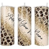Products Innovations Personalized Leopard Print Themed Tumbler Cup - 20 oz Stainless Steel Skinny Tumbler with Lid and Straw, Portable Mug, Travel Mug, Gift for Women