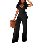 MESLIMA Women's Summer Sleeveless Short Romper Sexy Strap V Neck Wrap Front Tie Casual One Piece Jumpsuit