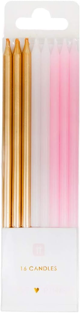Talking Tables 16 x Pink, Gold & White Tall Birthday Candles with Holders, Pinkcandles, 10 cm