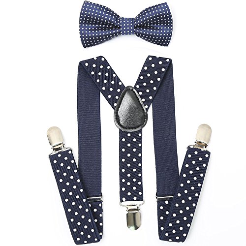Child Kids Suspenders Bowtie Set - Adjustable Length 1 Inches Suspender with Bow Tie Set for Boys and Girls by AWAYTR (Navy blue Polka dot)