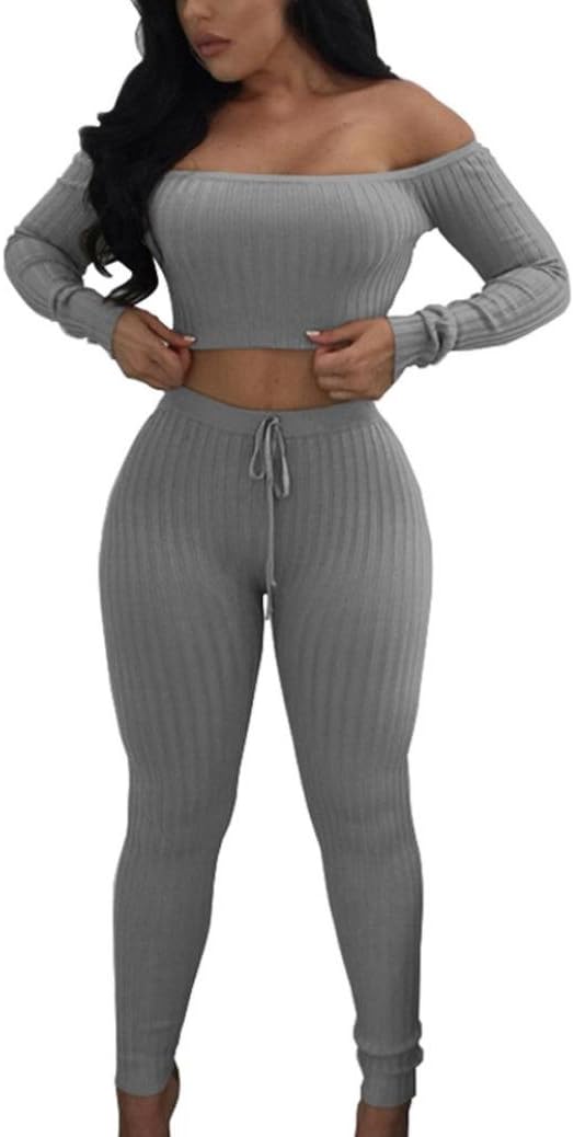 Womens Tracksuit 2 Piece Set Off Shoulder Bandeau Tops Pants Sets Sports Lounge Wear Casual Suit