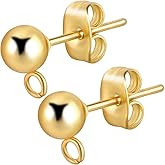 Beebeecraft 1 Box 100Pcs Ball Post Earring Studs Gold Earring Posts with Loop Small 5mm Round Ball 24K Gold Plated Stainless Steel Stud Earring Findings for Jewelry Making Earrings Supplies DIY Crafts