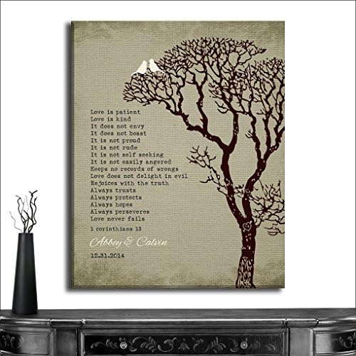 Custom Wedding Art 16X20 Custom Mounted Canvas Art Print Personalized Gift for 10th Wedding for Couple 1 Corinthians 13 Love is Patient Faux Background Dove Carved Initials