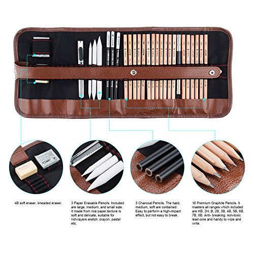 29 Pieces Professional Sketch & Drawing Art Tool Kit with Graphite Pencils, Charcoal Pencils, Paper Erasable Pen, Craft Knife-Lightwish (with Sketchbook, Canvas Rolling Pouch) - Thumbnail 2