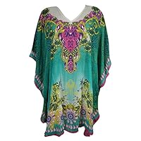 Mogul Women's Kaftan Loose Short Beach Dress Swimsuit Cover Up Caftan (Green-2)