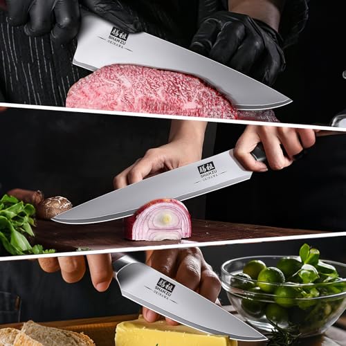 SHAN ZU Kitchen Knife Set 3 PCS, Japanese Chef Knife Set with High Carbon 10Cr15Mov Stainless Steel, Ultra-Sharp Kitchen Knives Set Utility Paring Knife with Ergonomic Pakkawood Handle | 10Cr15Mov High Carbon Stainless Steel, Sharp Chef Utility Paring Knife with Ergonomic Pakkawood Handle - OKINAWA Series