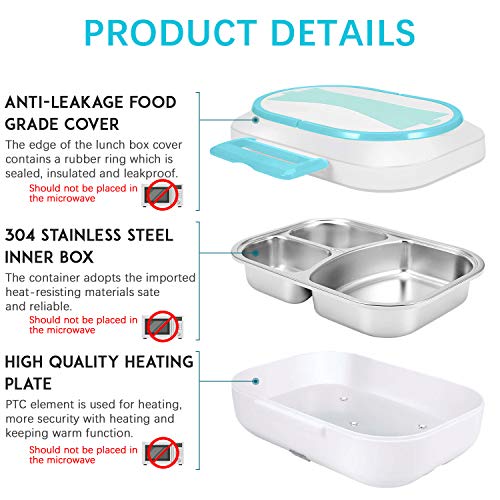 Portable Food Warmer - 3 Compartments Electric Lunch Box - Stainless Steel Spoon Fork -110 12v Heated Lunch Box With Car Adapter - Insulated Leakproof Hot Lunch Containers For Adults Kid Truck Driver