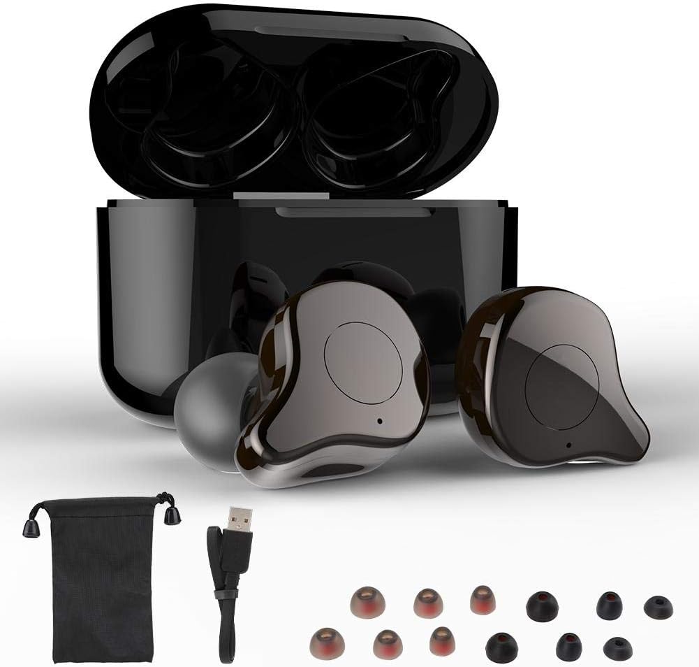 Oumij Sabbat E12 Mini Wireless Headphones Active Noise Cancelling Bluetooth 5.0 Earphone in-Ear Deep Bass Headset Earbuds with Mic(Dark Brown)