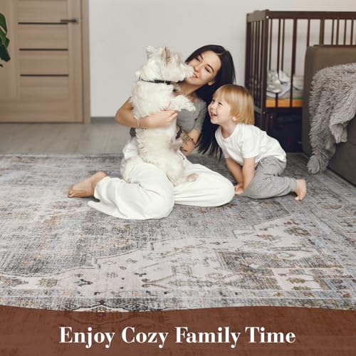 Montvoo-Area Rug 8X10 Rugs for Living Room-Grey Machine Washable Rug-Soft Living Room Rug-Vintage Non Slip Carpet-Rugs for Bedrooms Dining Room Living Room Office