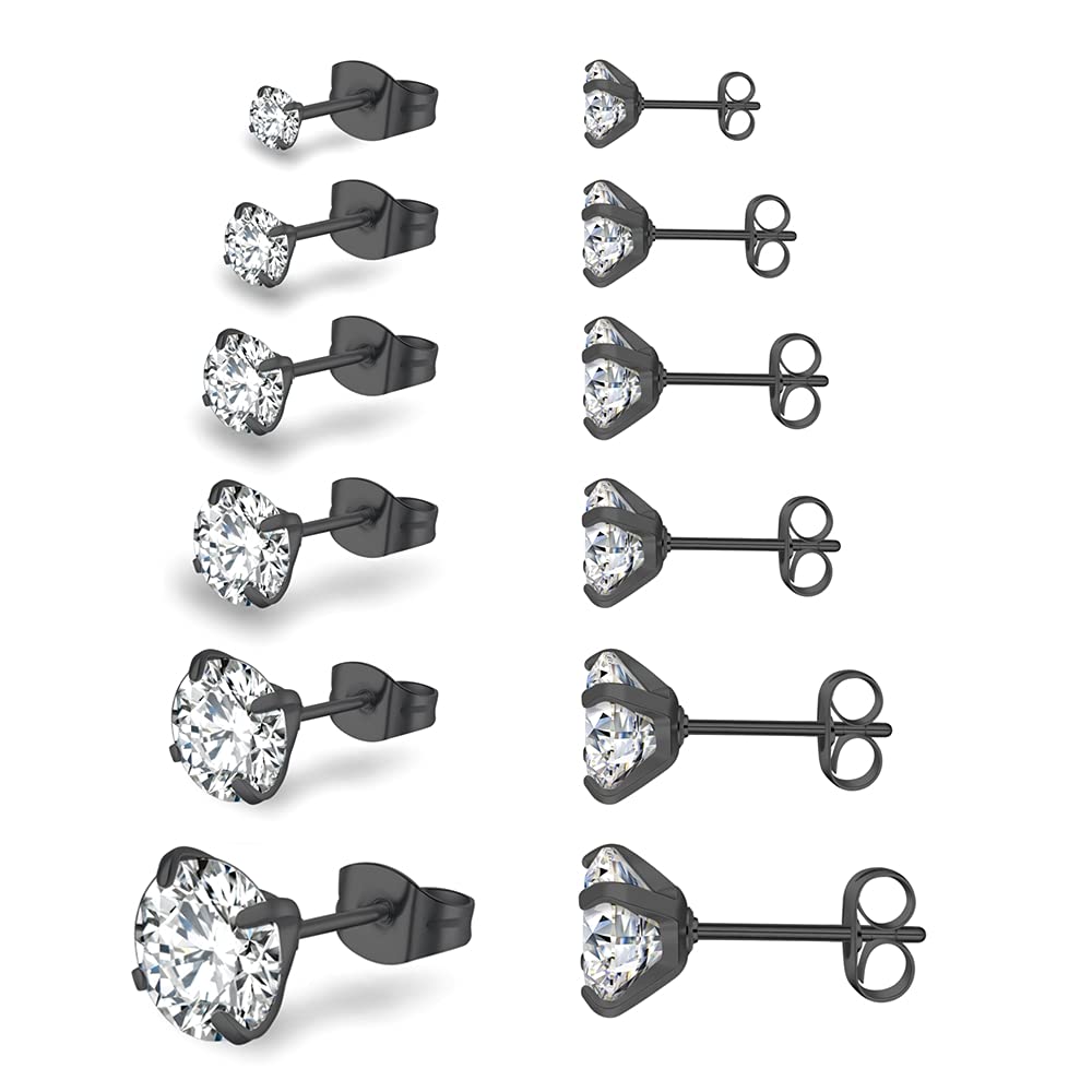 6 Pairs Stud Earrings Set,Hypoallergenic Cubic Zirconia 316L Stainless Steel CZ 3-8mm Earrings for Men,Women,Boys & Girls (Black) — image 1