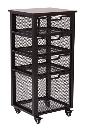 Office Star Garret 4 Drawer Metal Rolling Cart with Espresso Wood Top, Black
