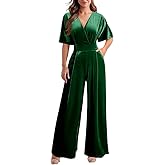 DAAWENXI Women's Casual Velvet V Neck Short Sleeve Jumpsuits Long Wide Pants One Piece Romper with Pocket
