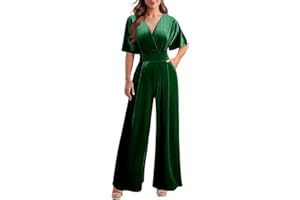 DAAWENXI Women's Casual Velvet V Neck Short Sleeve Jumpsuits Long Wide Pants One Piece Romper with Pocket