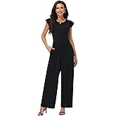 Chicingyou Women's Summer Dressy Jumpsuits Crew Neck Ruffle Cap Sleeves Rompers High Waist Wide Leg Jumpsuits with Pockets