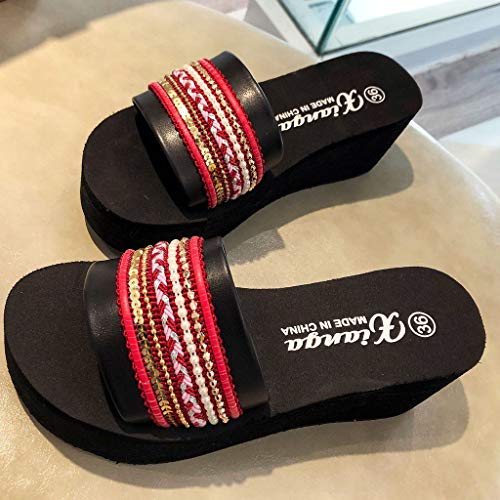 Respctful✿Women's Casual Flat Slides Boho Pattern Glitter Slip On Footbed Platform Sandals Red