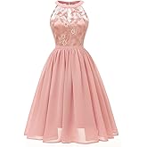 Women Halter Neck Floral Lace Chiffon Bridesmaid Dress Wedding Guest A Line Semi Formal Cocktail Swing Party Dress Illusion Sweetheart Short Vintage Casual Evening Prom Homecoming Dress Pink-Cutout XL