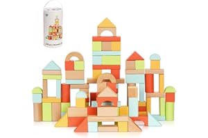 Pidoko Kids 100pcs Building Blocks for Toddlers 1-3, Wooden Blocks for Kids with Storage Bucket and Shape Sorter Lid Montessori Toys for 1 2 3 Year Old, Learning Toys for Preschool Girls and Boys