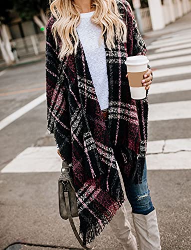 Bestshe Women's Boho Open Front Poncho Knitted Plaid Shawl Wrap Cape Tassel Cardigan Sweater