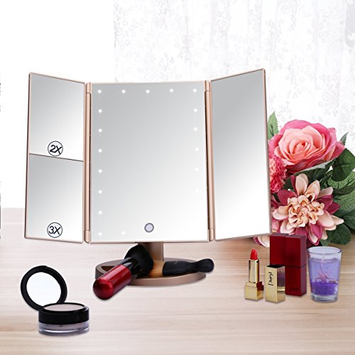 Lighted Makeup Mirror EMOCCI Tri-Fold Vanity Mirrors With 3X 2X 1 Magnification,USB Charging 180 Degree Free Rotation Mirror For Women Girls Cosmetic Make Up Bathroom Countertop Use (Gold)