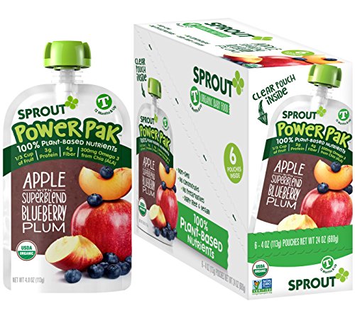 SproutOrganic Baby Food Toddler Power Pak Pouches Stage 4, Apple w/ Superblend Blueberry Plum, 4 Ounce Pouches (Pack of 12)