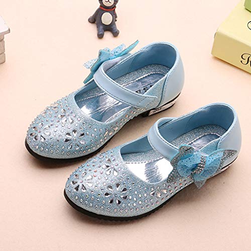 Infant Kids Baby Girls Pearl Crystal Bling Sequins Single Dancing Princess Shoes Bowknot Single Princess Shoes Sandals (32, Sky Blue)