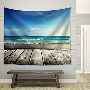 Wooden Deck and Blue Sea - Fabric Tapestry, Home Decor - 51x60 inches