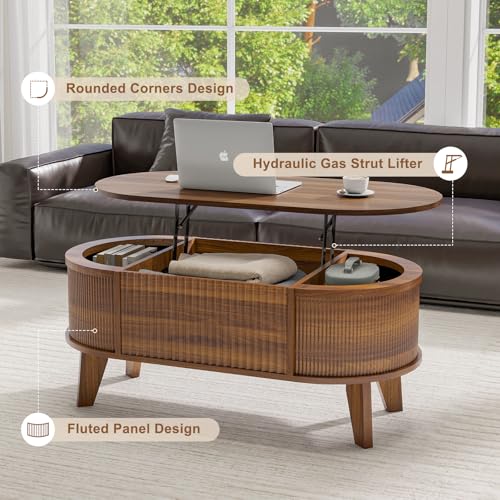 LYNCOHOME Fluted Lift Top Coffee Table with Hidden Compartment, Modern Oval Coffee Table for Living Room, Home Office, Walnut
