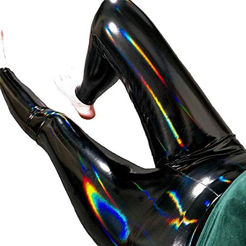 XSQR Spring and Autumn Women's Psychedelic Leather Pants Patent Leather Bright Shiny Casual high Waist Tights Spring Stretch Slim pu Pants