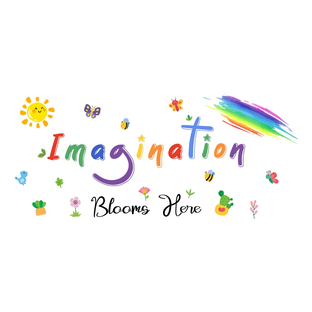 SUPERDANT Imagination Blooms Here Wall Sticker Colorful Flowers Rainbow Children Playroom Nursery Decor Kids Playroom Classroom Wall Vinyl Art Sticker Watercolor Boys Girls Bedroom Decoration
