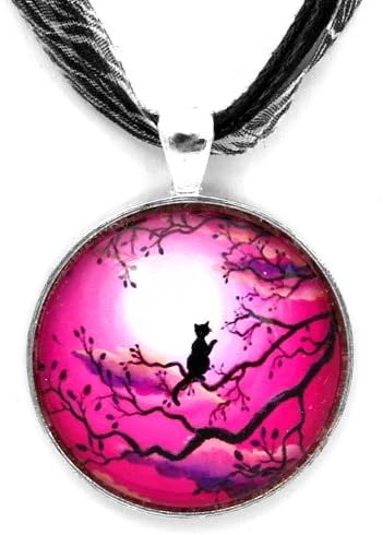 Laura Milnor Iverson Black Cat in Hot Pink Moonlight Handmade Jewelry Art Pendant