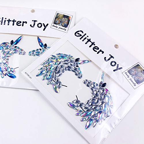 Glitter Unicorn Body Jewels Rave Festival Rhinestone Face Body Jewelry Stick On Crystal Tattoo Nipple Chest Crystal Body Gem Stones Stickers (white)