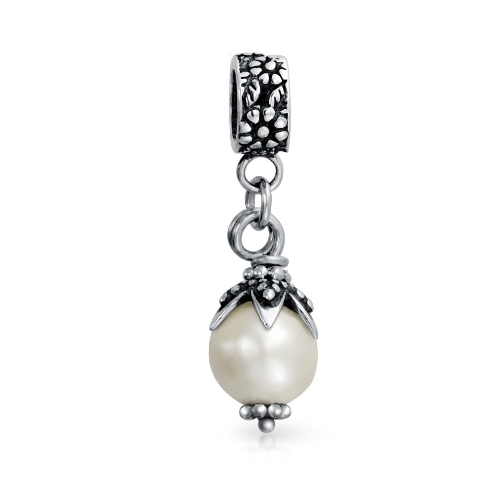Vintage Style Leaf Cap White Simulated Pearl Dangle Charm Bead For Women .925 Sterling Silver Fits European Bracelet