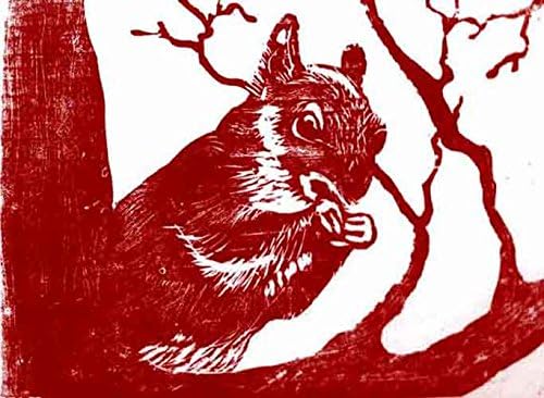 Squirrel Woodblock Print, Red, Hand Pulled, signed by Artist Robin Zebley